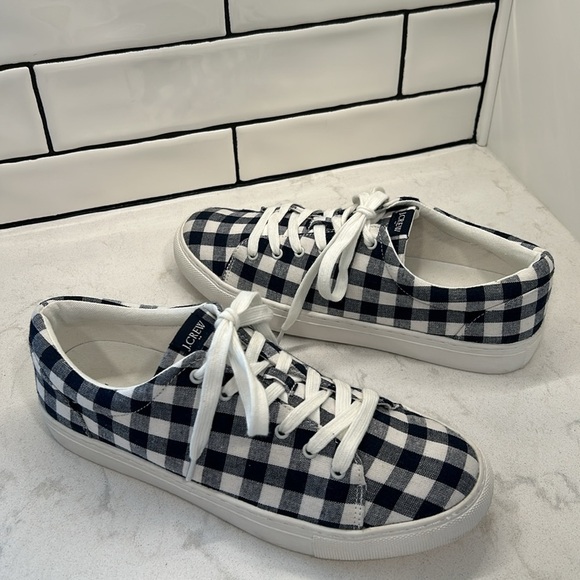 J. Crew Factory Navy Blue Gingham Printed Canvas Lace Up Road Trip Sneakers SZ 9 - Picture 3 of 16